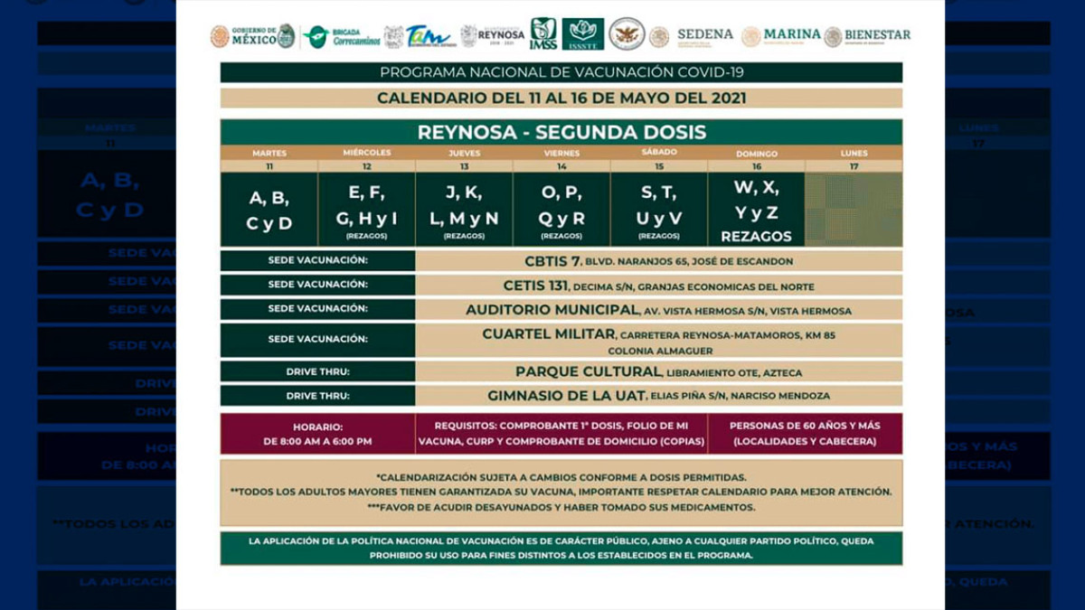 Próximo martes inicia aplicación de segunda dosis para adultos mayores en Reynosa