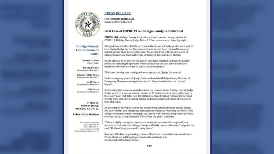 Confirman primer caso de coronavirus en McAllen 