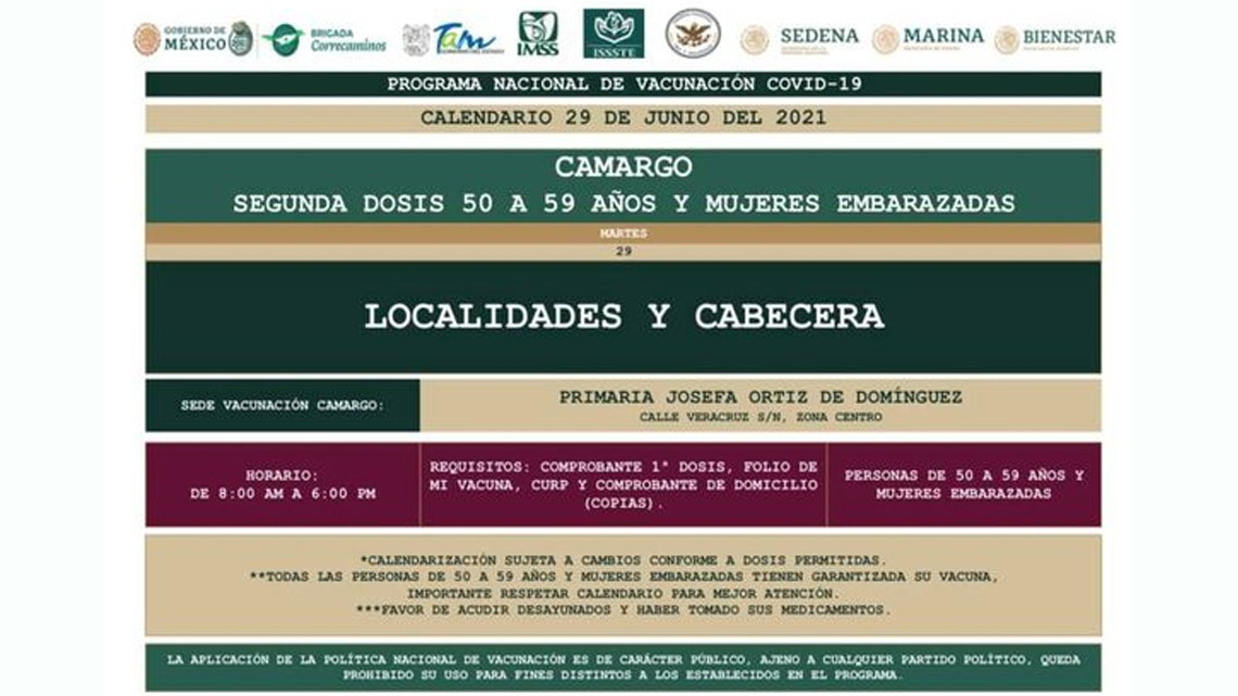 Pondrán segunda dosis anticovid a personas de 50 a 59 años en 6 municipios de Tamaulipas