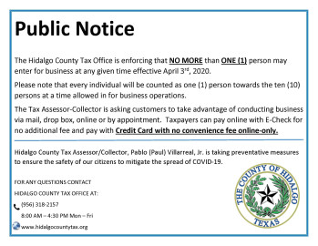 Oficina de Impuestos del Condado Hidalgo permitirá la entrada a una persona a la vez