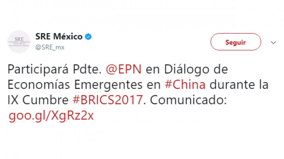 Participará México en foro de la IX Cumbre BRICS en China