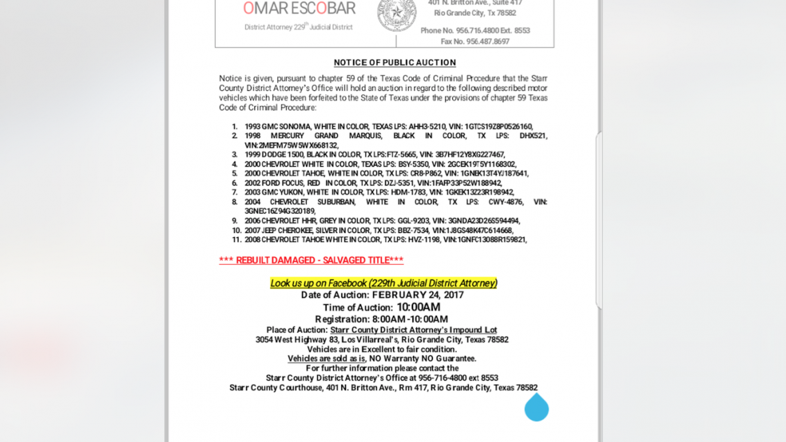 Oficina Fiscal del Distrito del condado Starr subastará autos