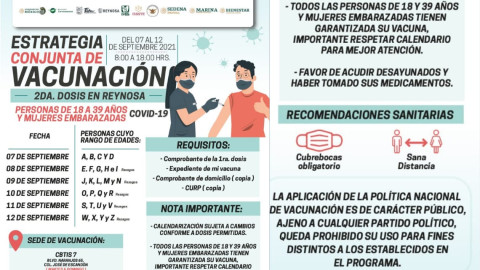 Aplicarán segunda dosis anti COVID-19 a población de 18-39