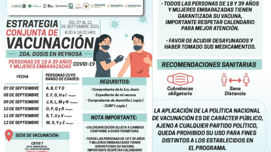 Aplicarán segunda dosis anti COVID-19 a población de 18-39