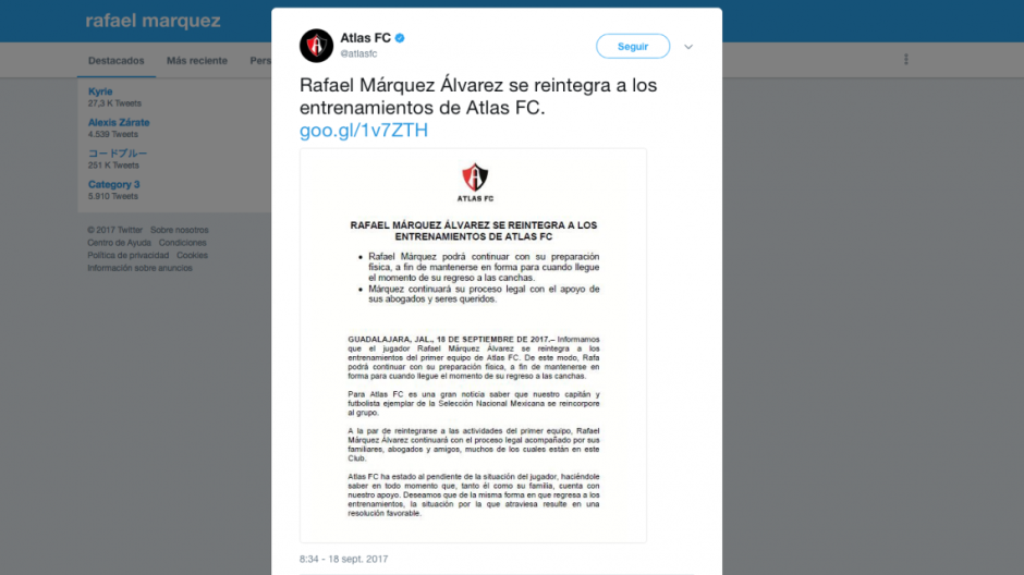 Rafa Márquez regresa a los entrenamientos con Atlas