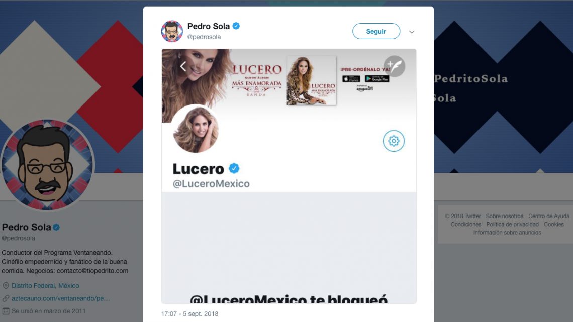 Lucero bloquea de Twitter a Pedrito Sola 