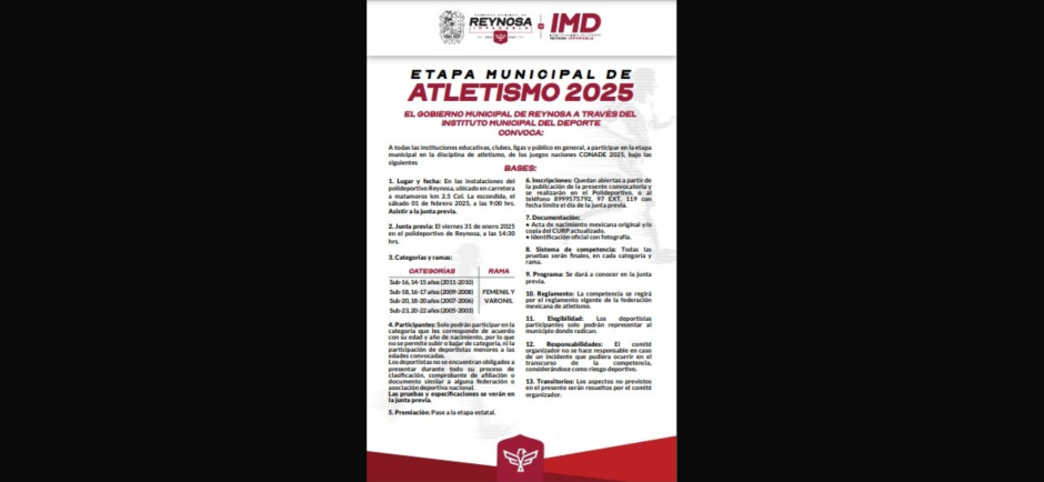 Invita Gobierno de Reynosa a la Etapa Municipal de Atletismo