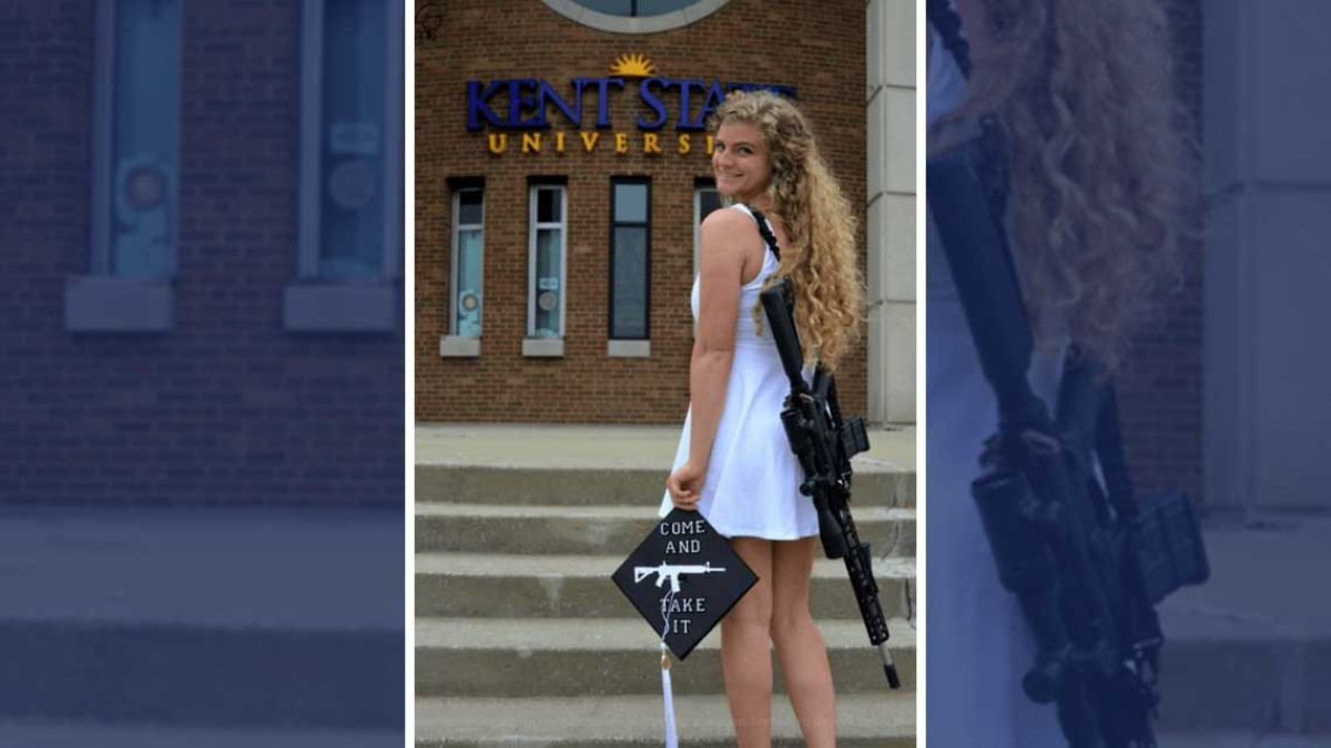 “Ven y tómalo", se gradúa y camina con un enorme rifle en su campus