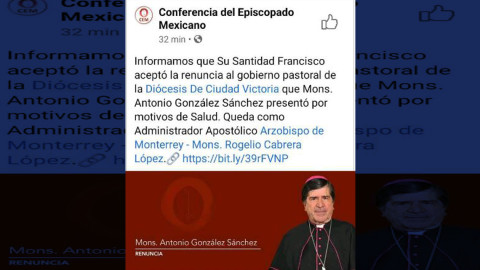 Por motivos de salud, renuncia Obispo de Victoria 