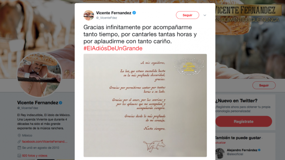 Vicente Fernández se despide de sus seguidores