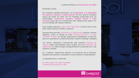 Liverpool anuncia cierre temporal en todas sus tiendas del país