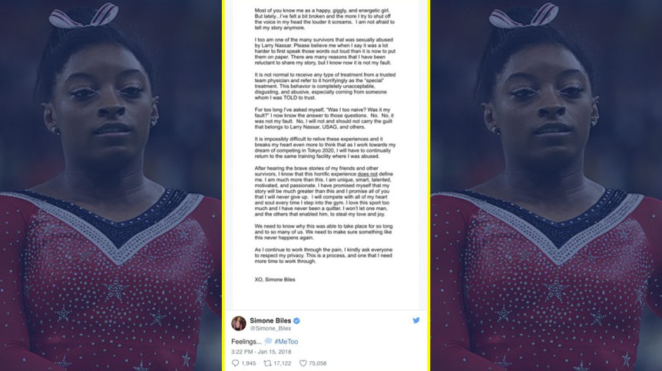 Simone Biles denuncia que sufrió de acoso sexual