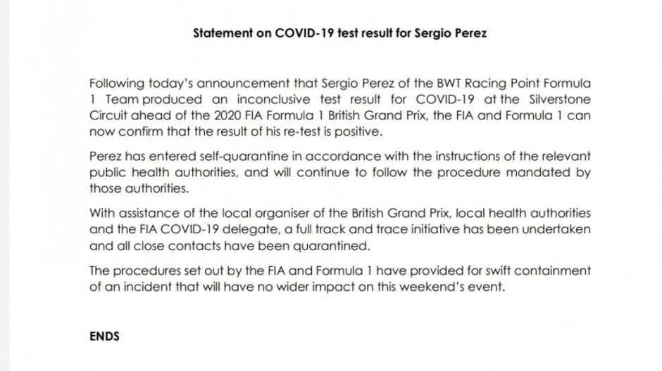 Checo Pérez da positivo a Covid-19, se perderá el GP de Gran Bretaña