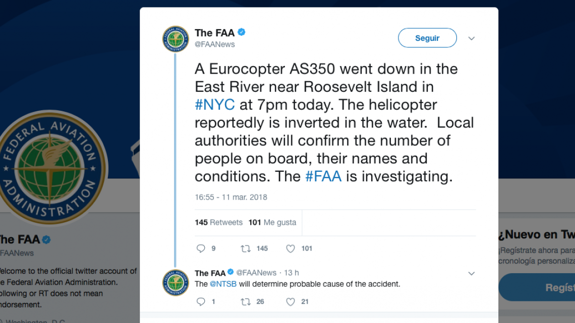 Al menos cinco muertos tras caída de helicóptero en río de NY