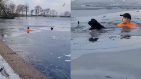 Hombre salta a lago congelado para salvar a un perrito