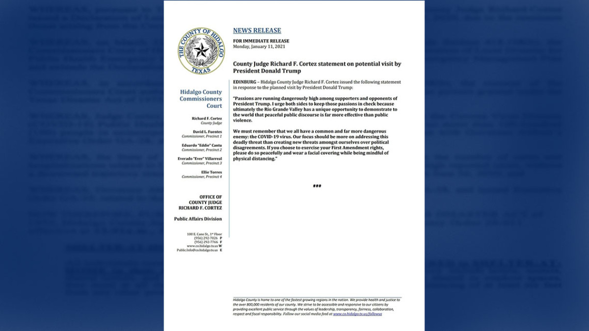 Richard F. Cortez pide a Condado Hidalgo ser responsables ante visita de Trump 