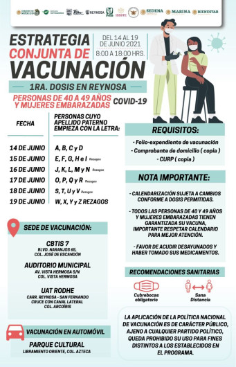 Iniciará el lunes 14 vacunación 40-49 años y embarazadas