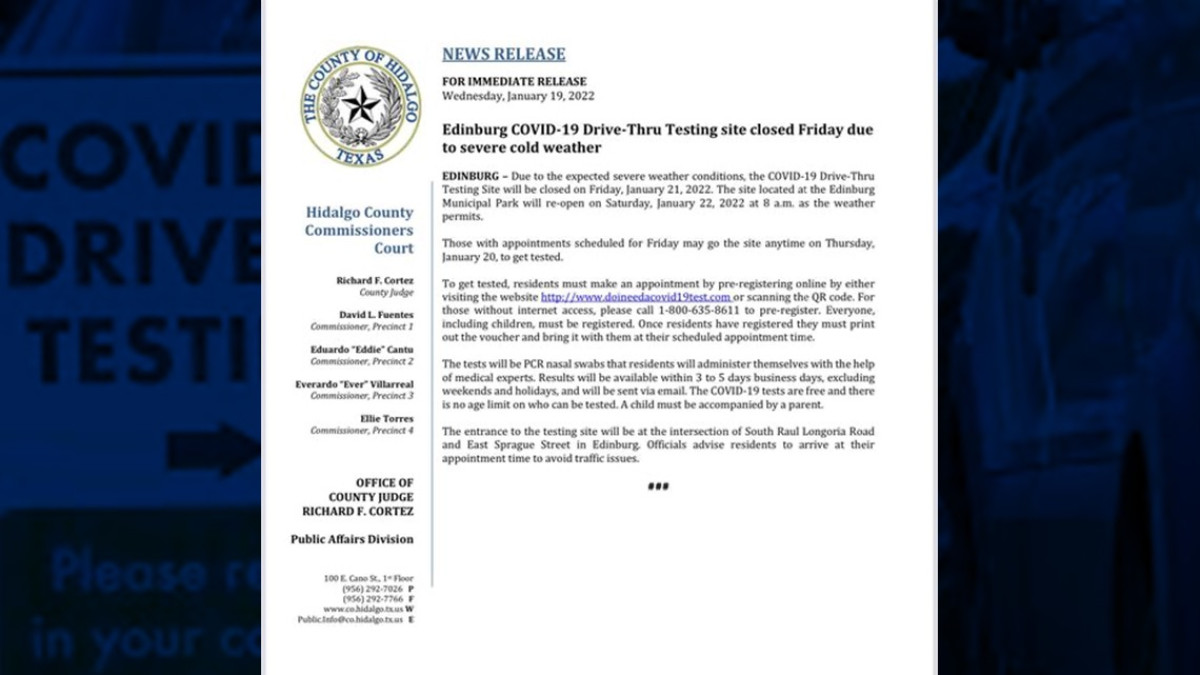 Ante frente frío cerrarán el viernes el sitio de pruebas Drive-Thru COVID-19 de Edinburg