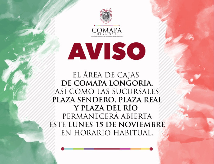Cajas de COMAPA Reynosa estarán abiertas el 15 de noviembre 