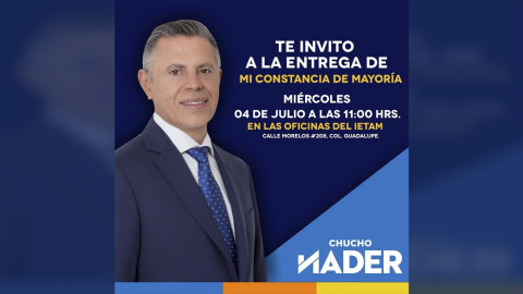 Jesús Nader recibe hoy su constancia de mayoría en la sede del IEETAM