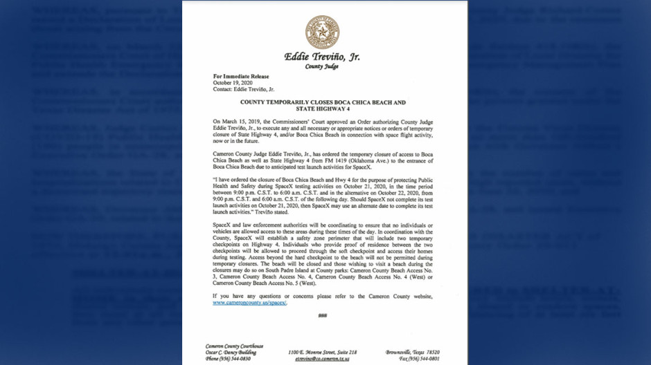 Condado Cameron cerrará temporalmente Boca Chica Beach debido a actividades de SpaceX 