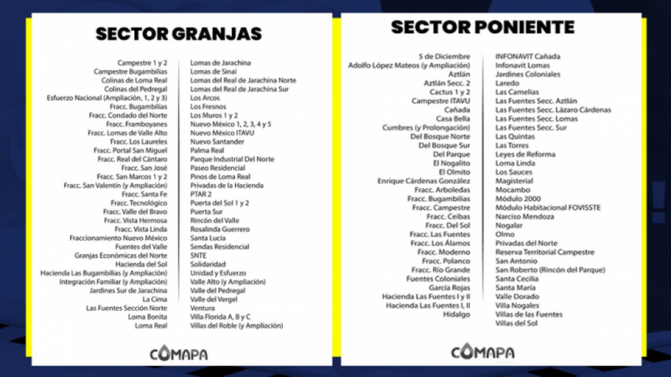 Advierte Comapa suspensión de agua en sectores Ponientes y Granjas