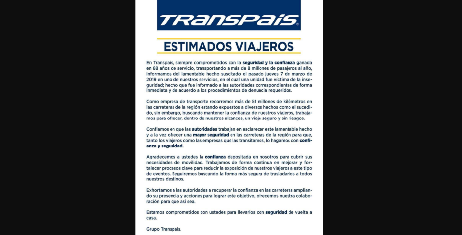 Pide Transpaís mayor seguridad en carreteras de Tamaulipas