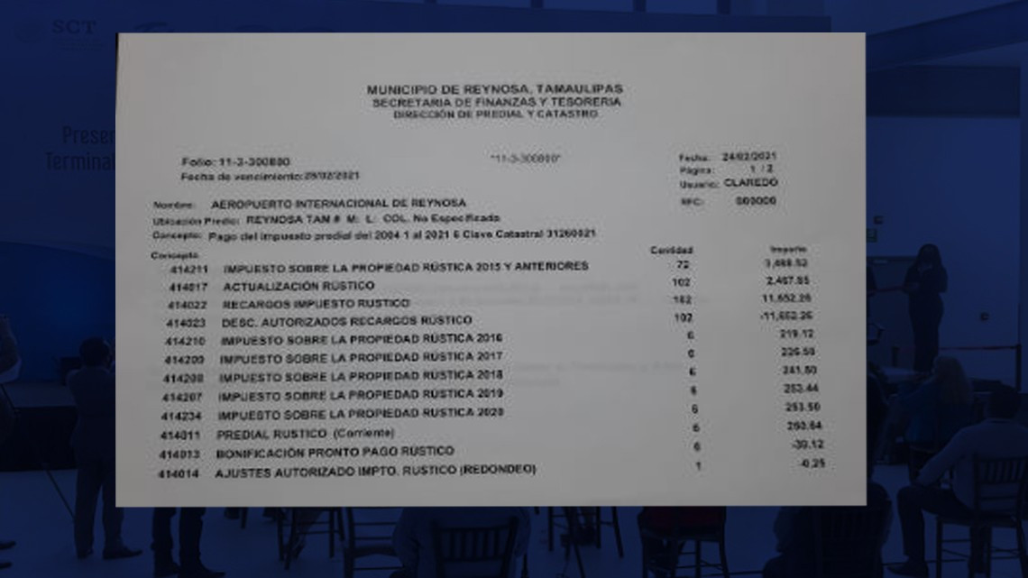 Adeuda Aeropuerto de Reynosa 33 mdp en predial 