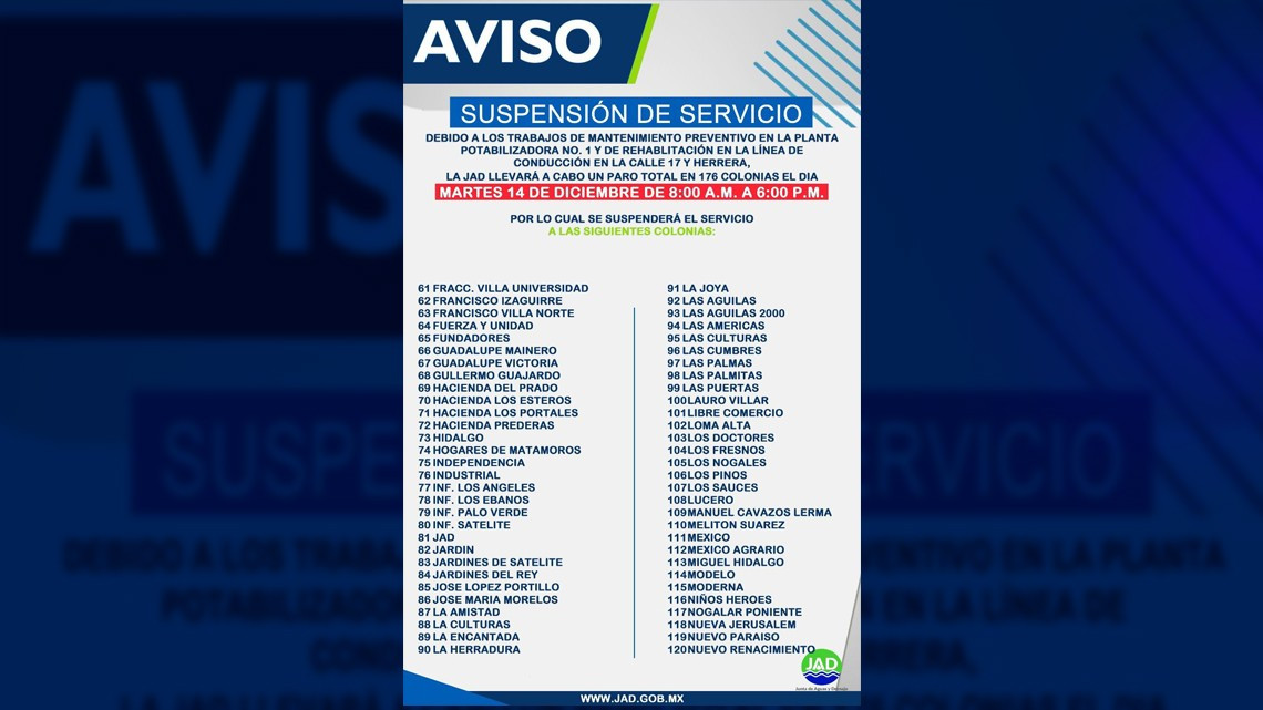 Anuncia JAD suspensión de servicio de agua potable en 176 colonia el martes 14 de diciembre