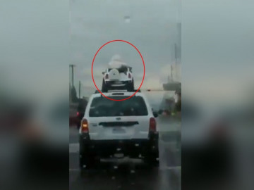 Conductor maneja con niños a bordo de un carrito eléctrico ¡Sobre techo del vehículo! 