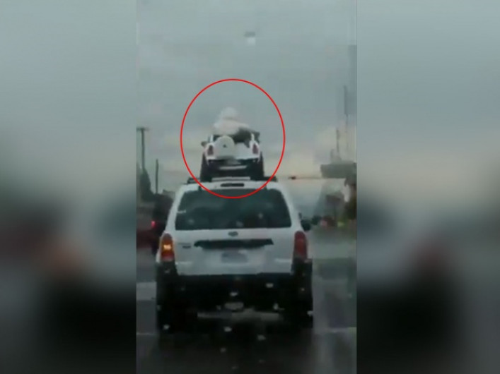 Conductor maneja con niños a bordo de un carrito eléctrico ¡Sobre techo del vehículo! 