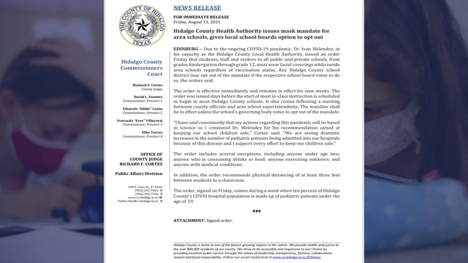 Emite Condado Hidalgo orden para uso obligatorio de cubrebocas en escuelas