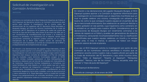 El Espanyol pide investigar a Piqué y Busquets