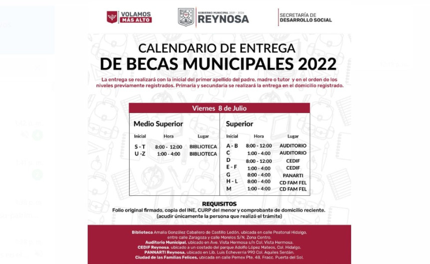 Viernes 8 de julio, Becas Municipales para nivel Medio Superior y Superior 
