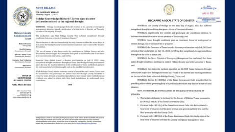 Juez del condado de Hidalgo firma declaración local de estado de desastre por las sequías