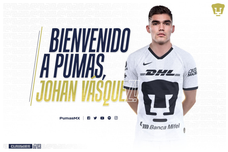 Pumas anuncia a Johan Vásquez como nuevo refuerzo 