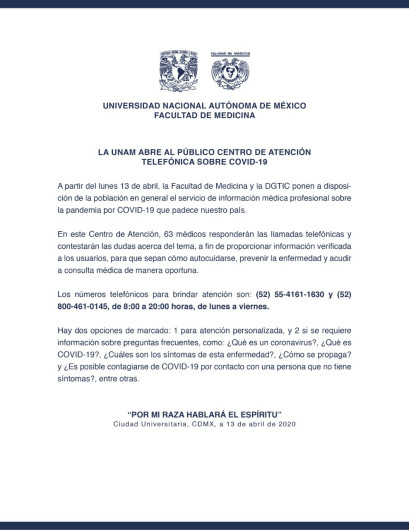 UNAM abre Centro de atención telefónica sobre COVID-19