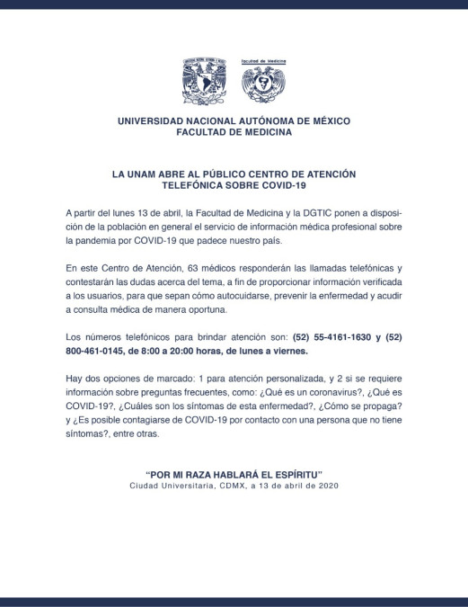 UNAM abre Centro de atención telefónica sobre COVID-19