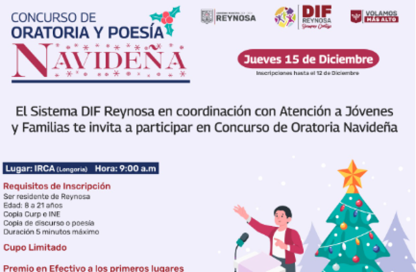 Invita DIF Reynosa a Concurso de Poesía y Oratoria Navideña