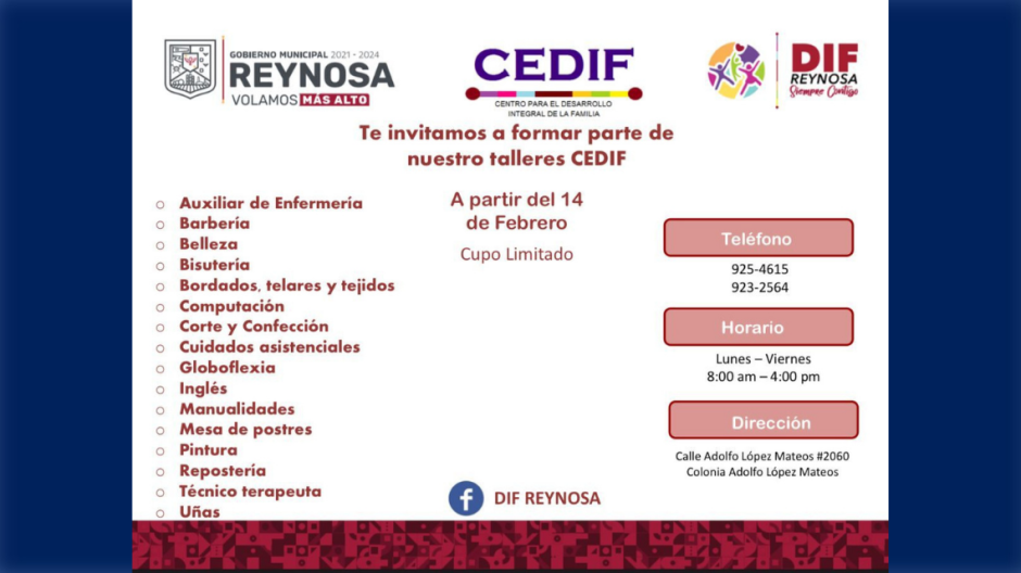 Inicia DIF Reynosa inscripciones a talleres CEDIF