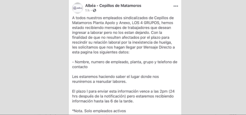 Cepillos de Matamoros convoca a sus trabajadores a labores