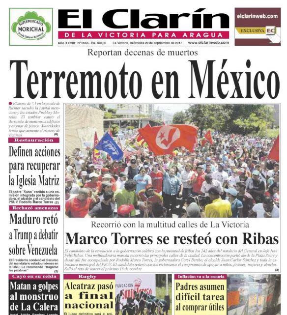 Sismo de México en portadas internacionales