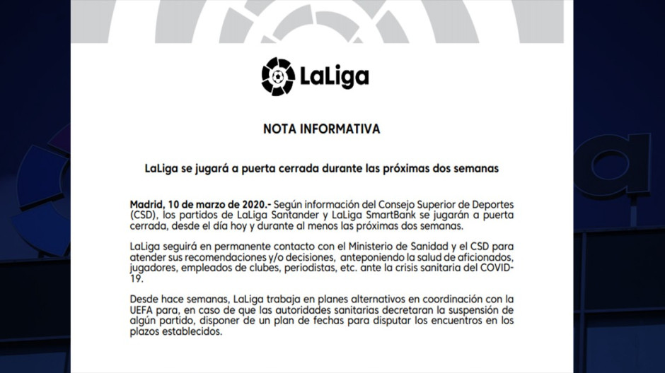 La Liga en España anuncia que próximas jornadas se jugarán a puerta cerrada por coronavirus 