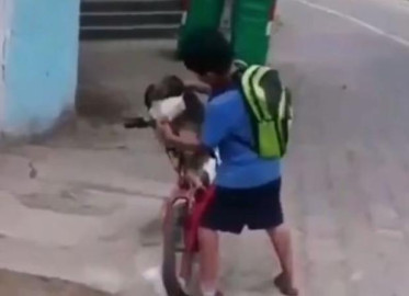 Niño le pone un cubrebocas a su perrito para protegerlo del Covid-19