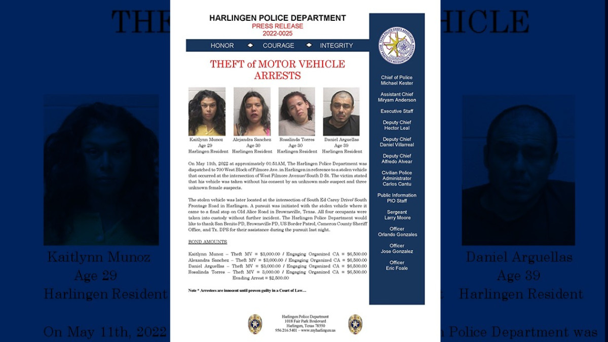 Detienen a cuatro por supuesto robo de auto Harlingen