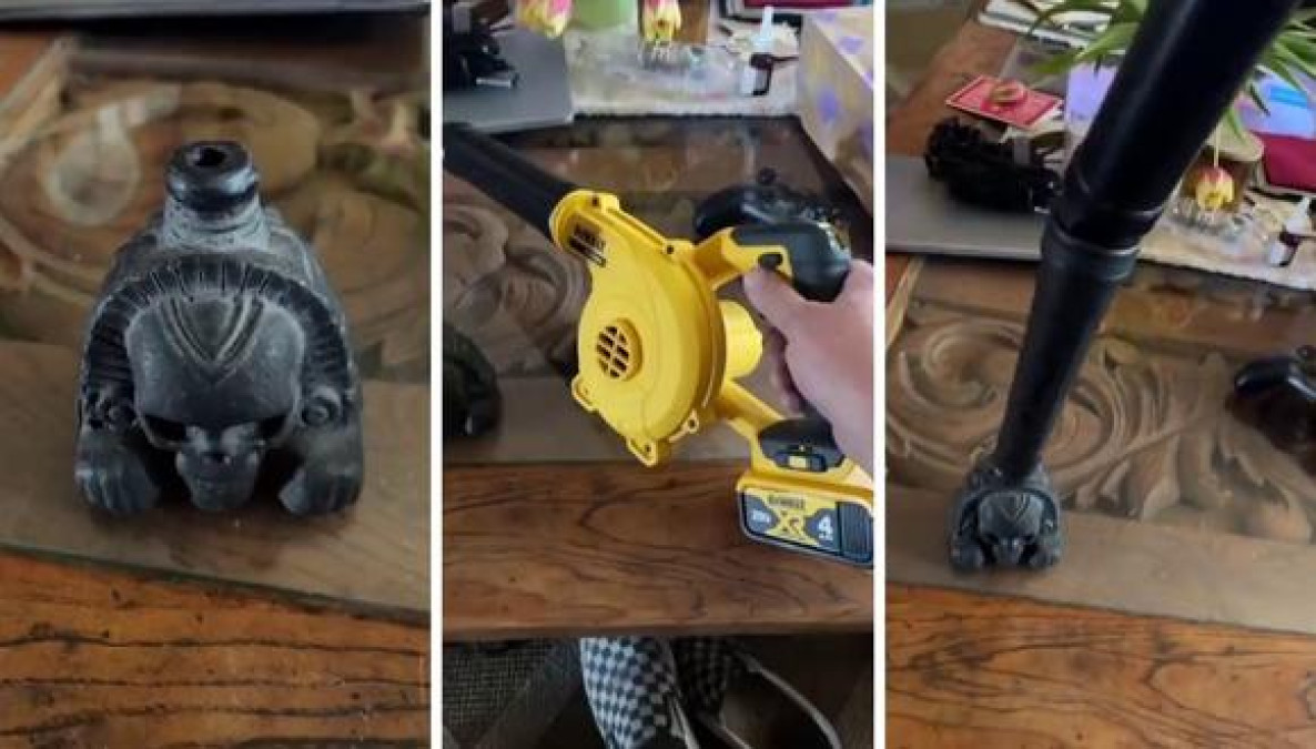 Hombre hace sonar un silbato de la muerte azteca