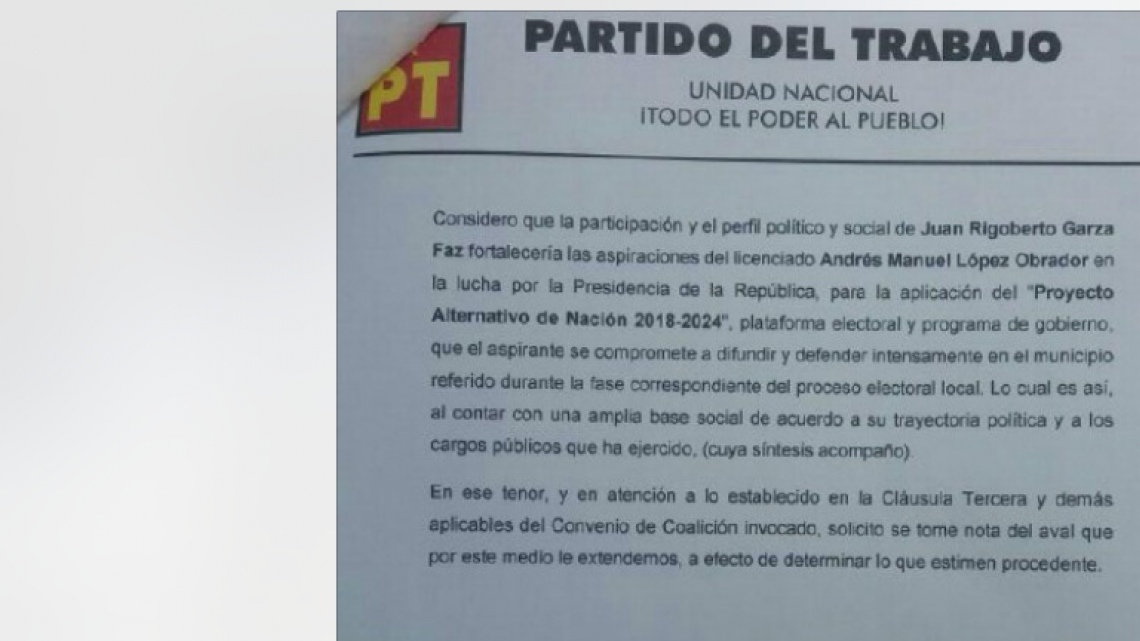 PT y PES avalan registro de Rigo Garza