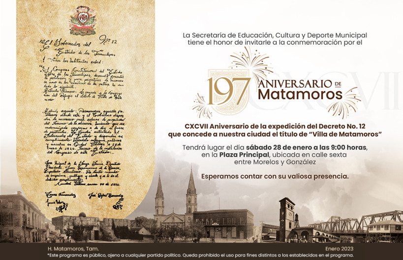 Conmemorarán 197 Aniversario de Matamoros con ceremonia cívica y presentación de Tenores 