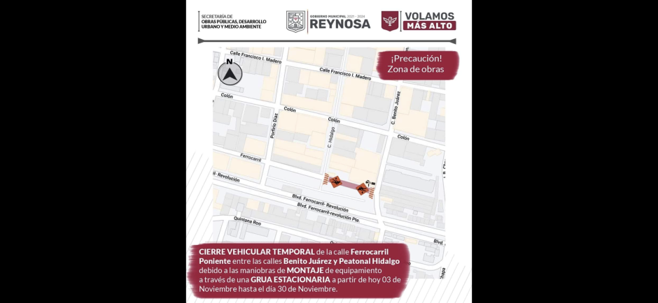 Aviso de cierre de vialidad, por obras en museo del ferrocarril