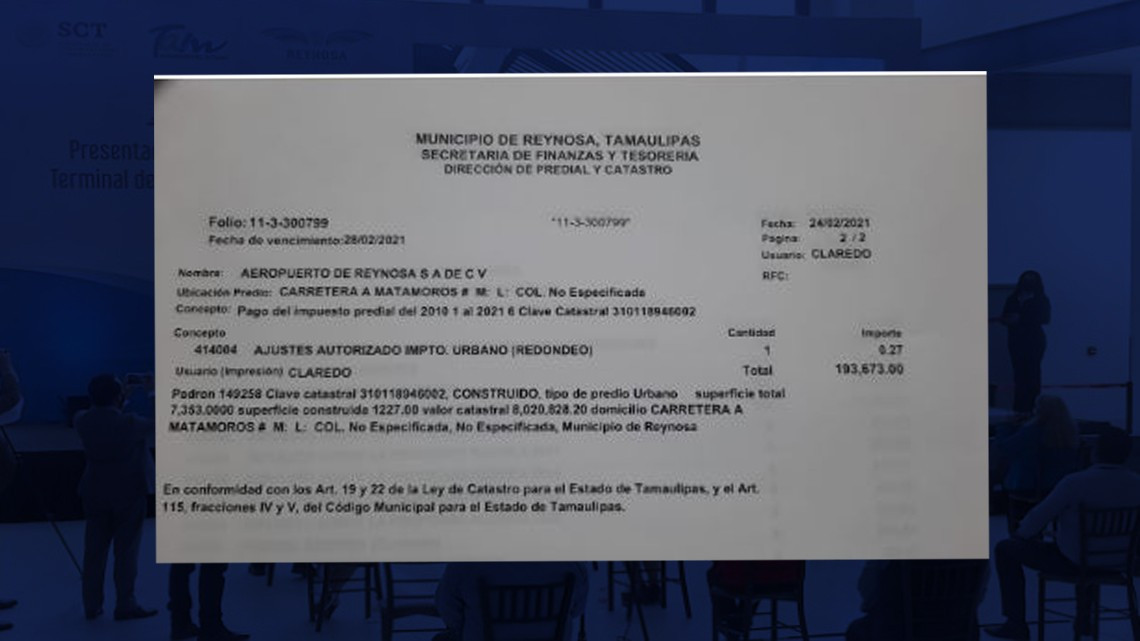 Adeuda Aeropuerto de Reynosa 33 mdp en predial 